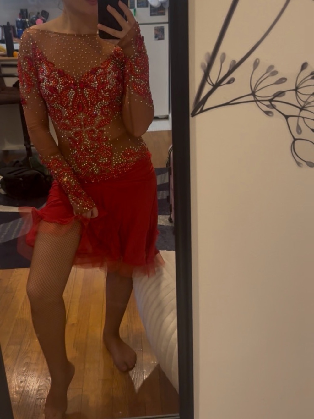 Latin Ballroom Red Embellished Mesh Bodice Dance Dress
